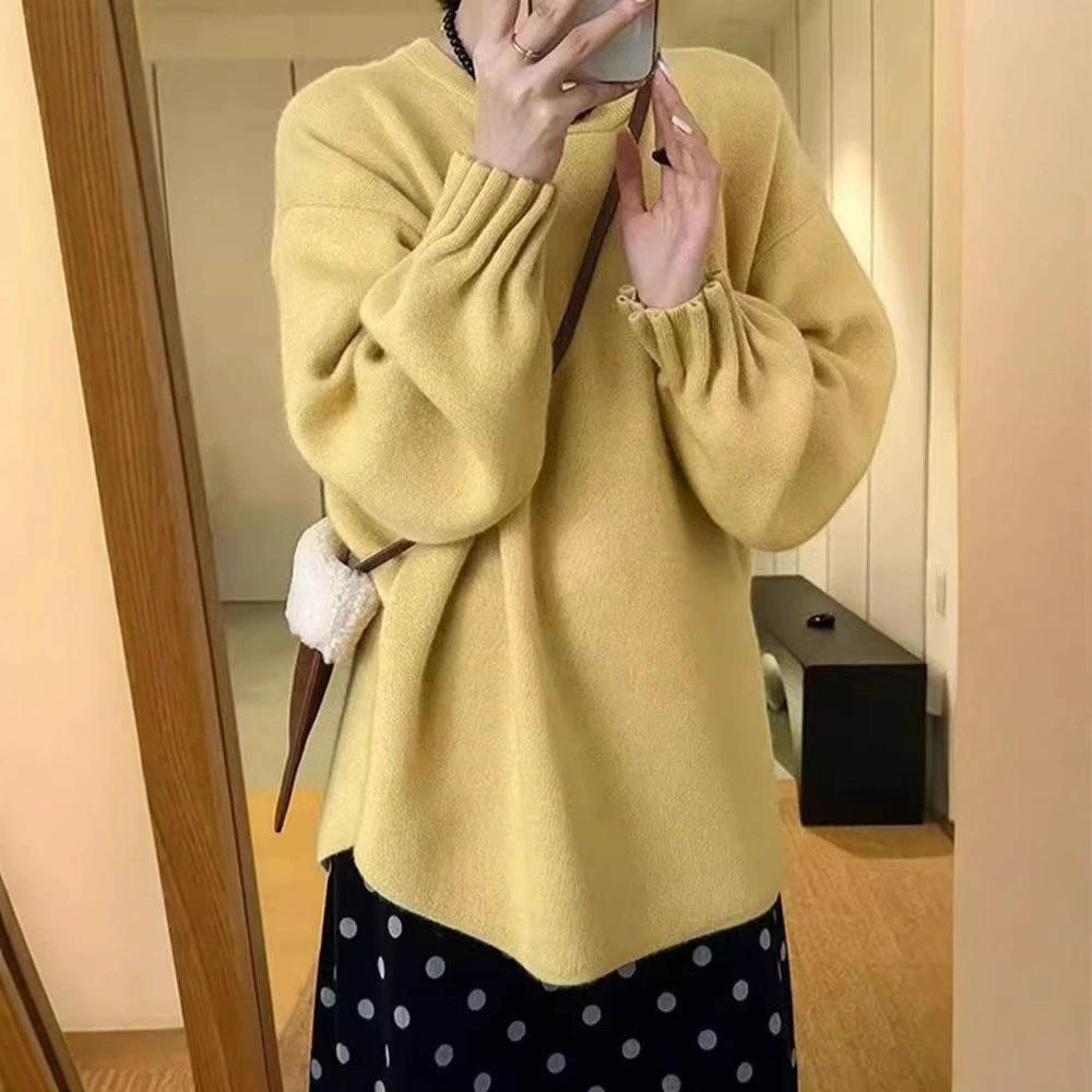 Crew neck retro cuff pleated knitted sweater women's autumn and winter new versatile loose soft waxy solid color pullover sweater