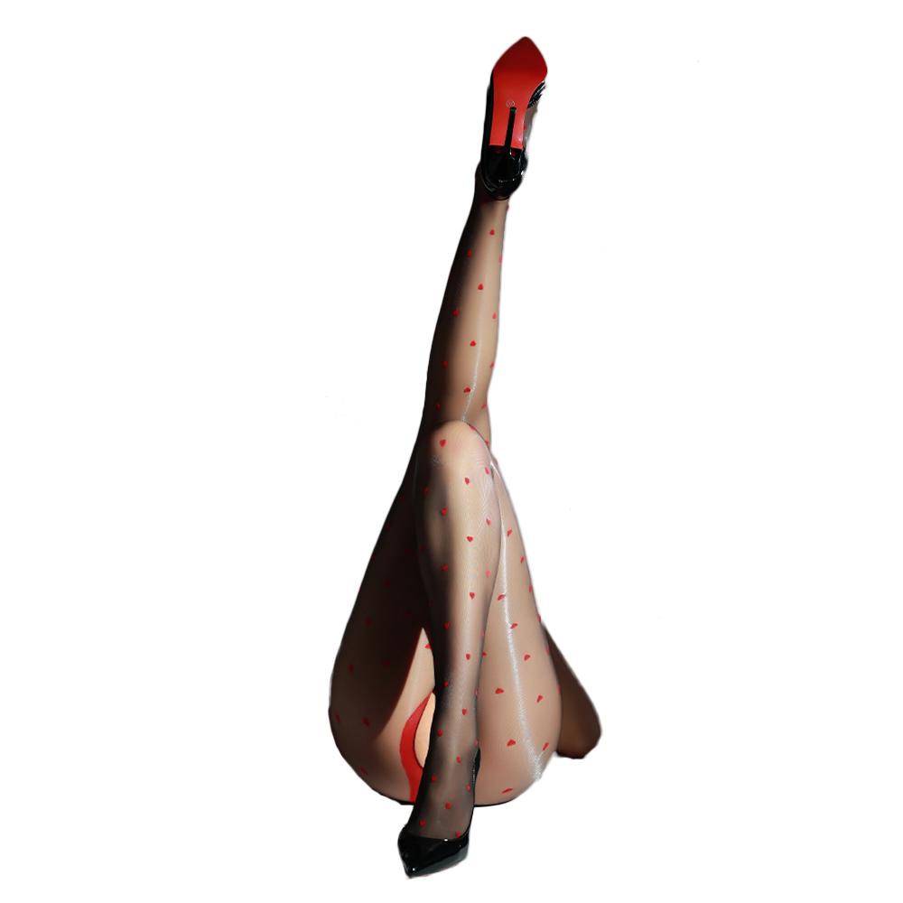 Sexy Women Open Crotch Thin Dot Stockings Oil Gloosy Shiny Tight Stocking High Waist Heart Printing Tight Maid Pantyhose