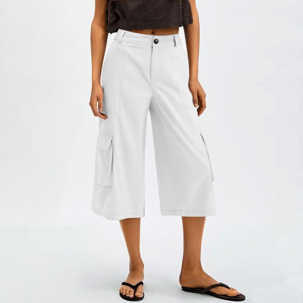 Women's Wide Leg Pants With PocketsHigh Waisted  Caual Loose Cropped Trousers
