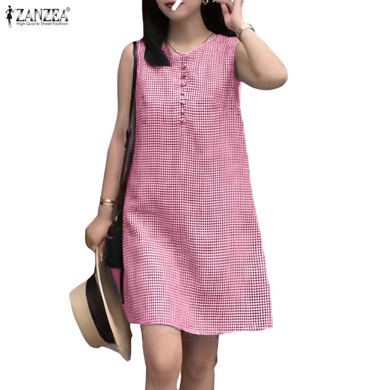ZANZEA Women Casual Round Neck Summer Plaid Print Sleeveless Dress