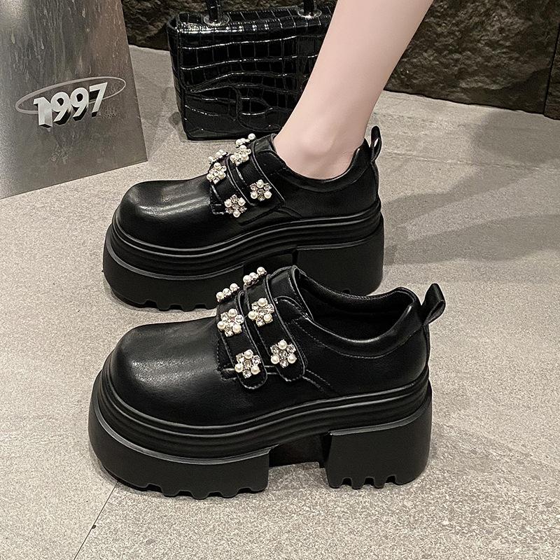 2025 Spring and Autumn New Korean Version of Small Leather Shoes Fashionable Versatile Rhinestone Flower Platform Super High Heel Single Shoes Wom
