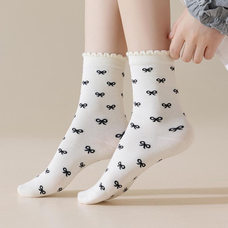 5/10 Pairs Casual Spring Autumn Bone Free Socks for Women with Lace and Bow Mid Calf Socks JK Lolita Sweet and Versatile Cotton Pile Socks