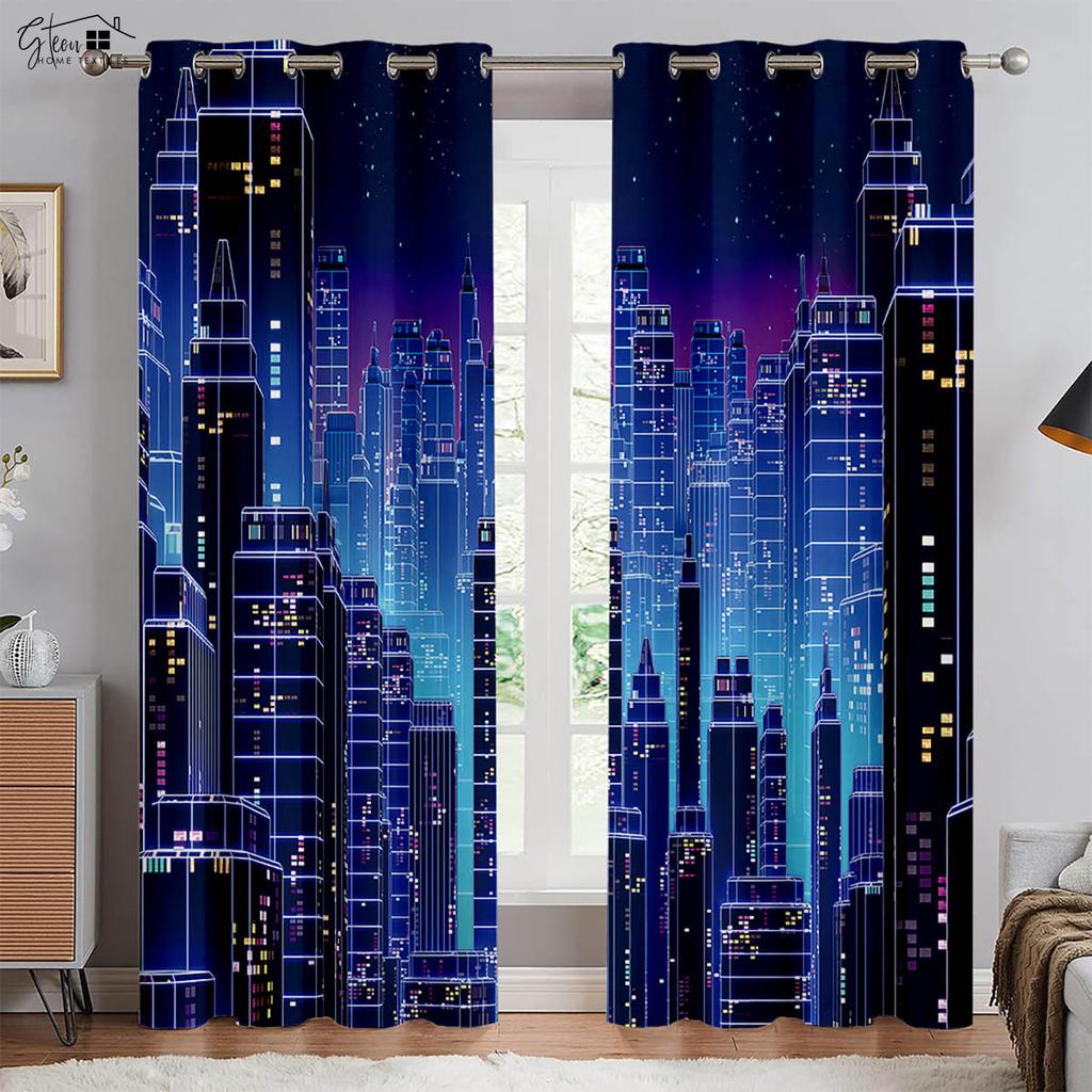 Modern Minimalist City Building 3D Printed Curtains Street View Night View Neon Hand-Painted Living Room Bedroom Custom Curtains
