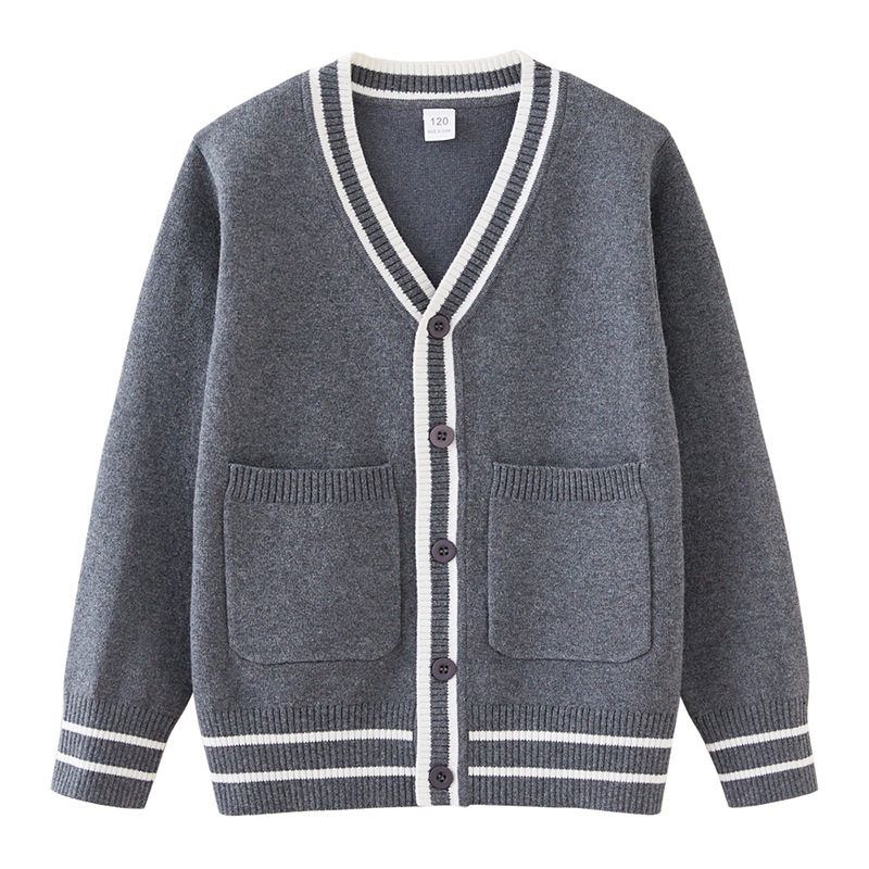 Spring and Autumn Children's Contrast Color Pocket Children's Sweater Cardigan Boy Stripe College Style Girls Sweater Coat