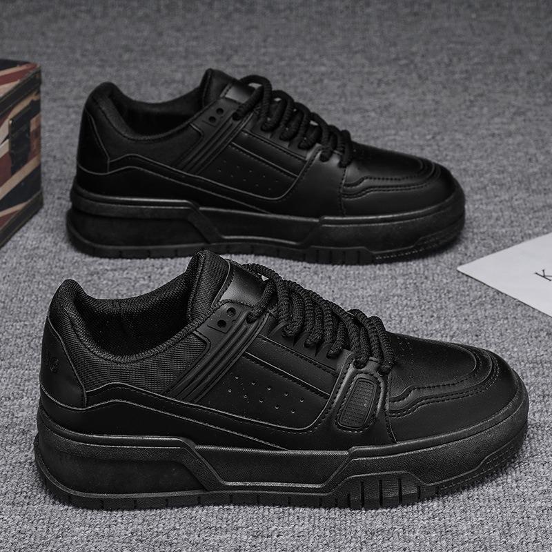 Men's Spring-Autumn Unique Design Versatile Casual Solid Black Board Shoes, Thick-Soled Height-Increasing Puffy Trendy Footwear For Youth.