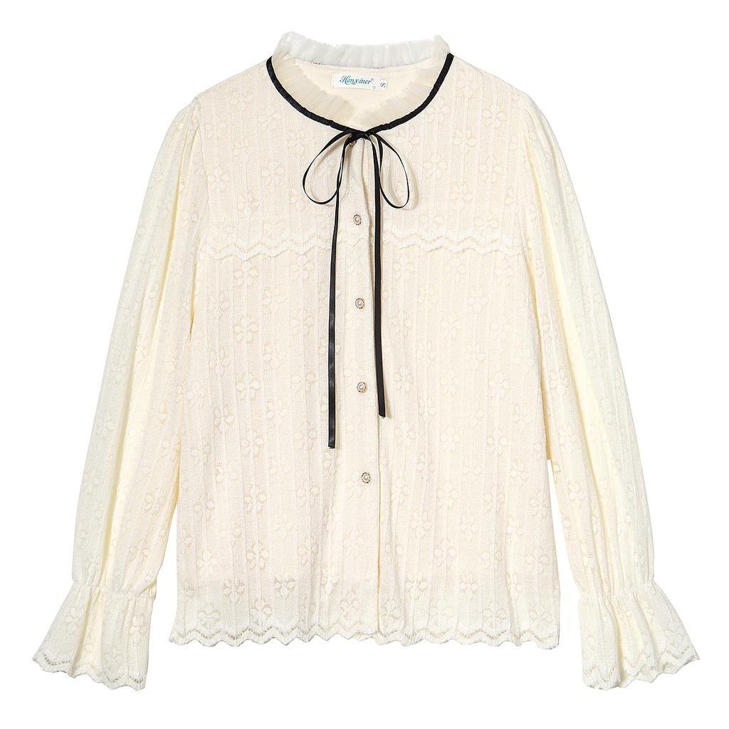 Winter Fashion New 2024 Long Sleeve Lace Up Stand Collar Apricot Velvet Lace Blouse Shirt Women Tops Blouses Shirts J811