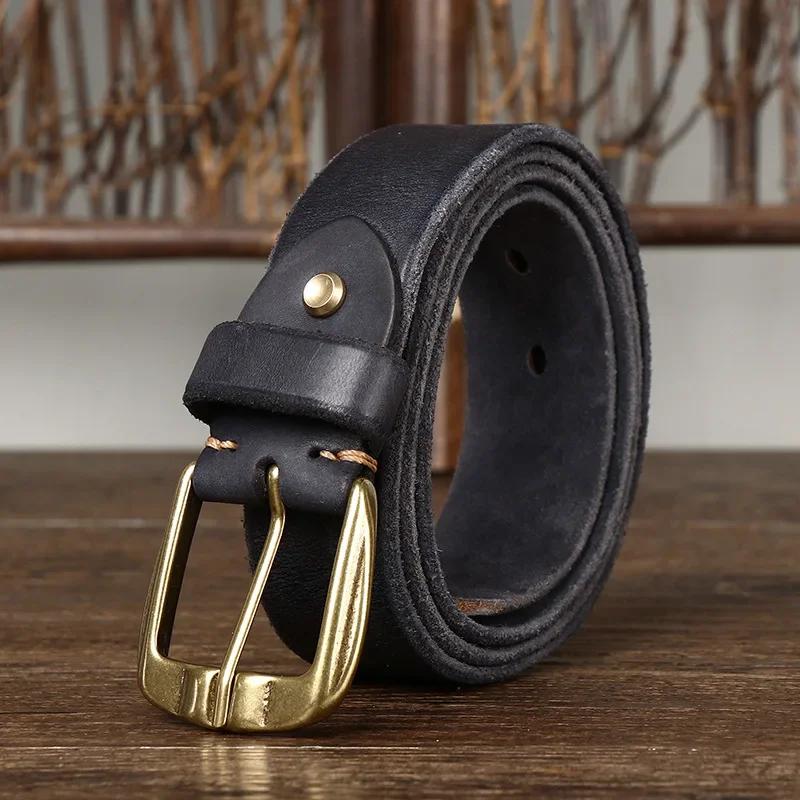 3.8CM Thick Cowhide Copper Buckle Genuine Leather Casual Jeans Cowboy Belt Men High Quality Retro Luxury Designer Male Strap