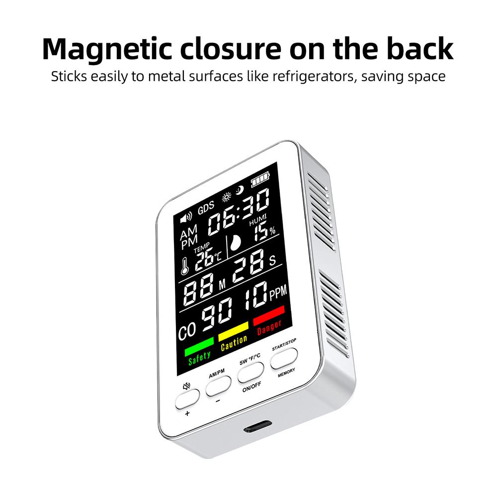 Professional 5 In 1 Portable Air Quality Detector Time Display CO Real Time Monitor Carbon Monoxide Alarm Temperature Humidity Sensors TypeC Charging