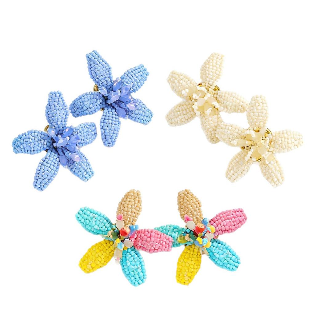 Summer color dopamine beaded flower stud earrings hand-woven three-dimensional petal design temperament earrings