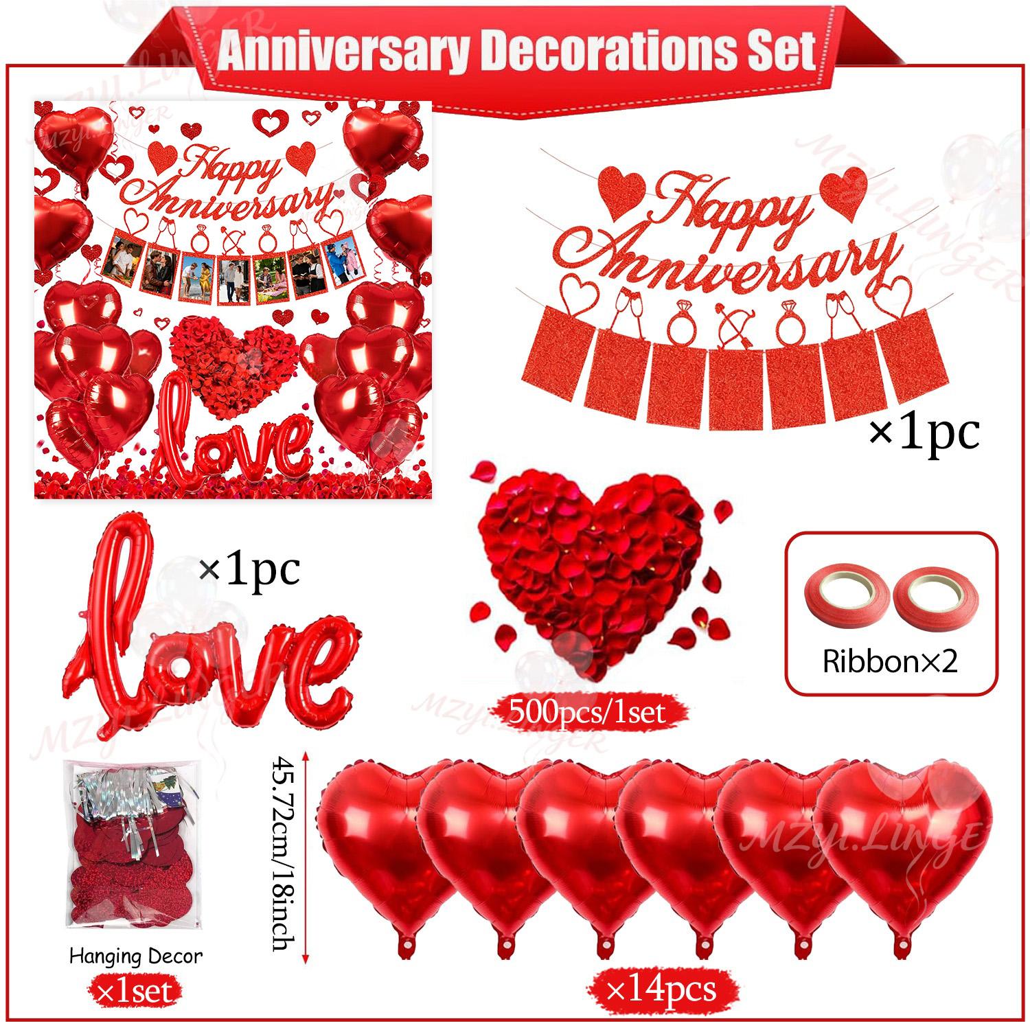 

Happy Anniversary Decoration Set Red LOVE Balloon, Photo Banner, Simulated Rose Petals for Wedding Surprise Romantic Decoration Other