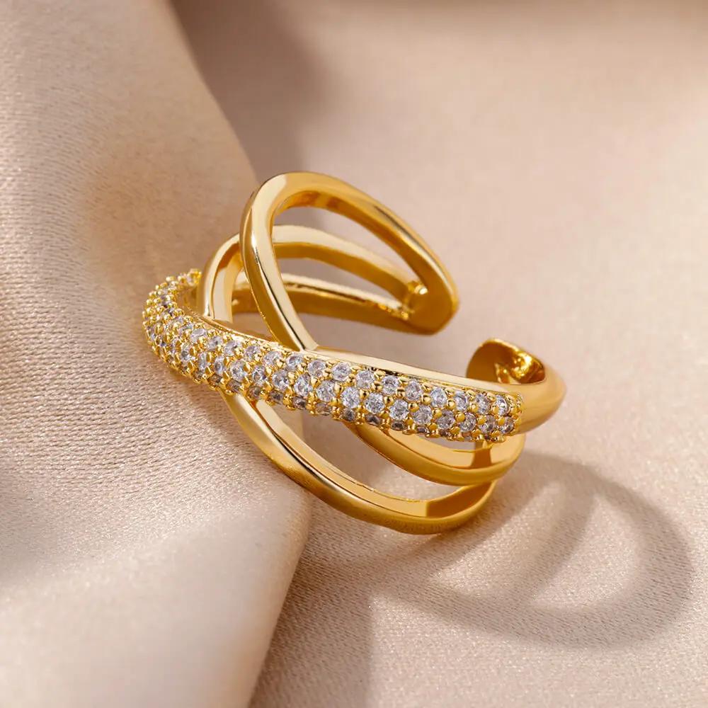 Zircon Double Cross Shape Rings For Women Gold Plated Stainless Steel Cross Ring Luxury Wedding Couple Aesthetic Jewerly Gift