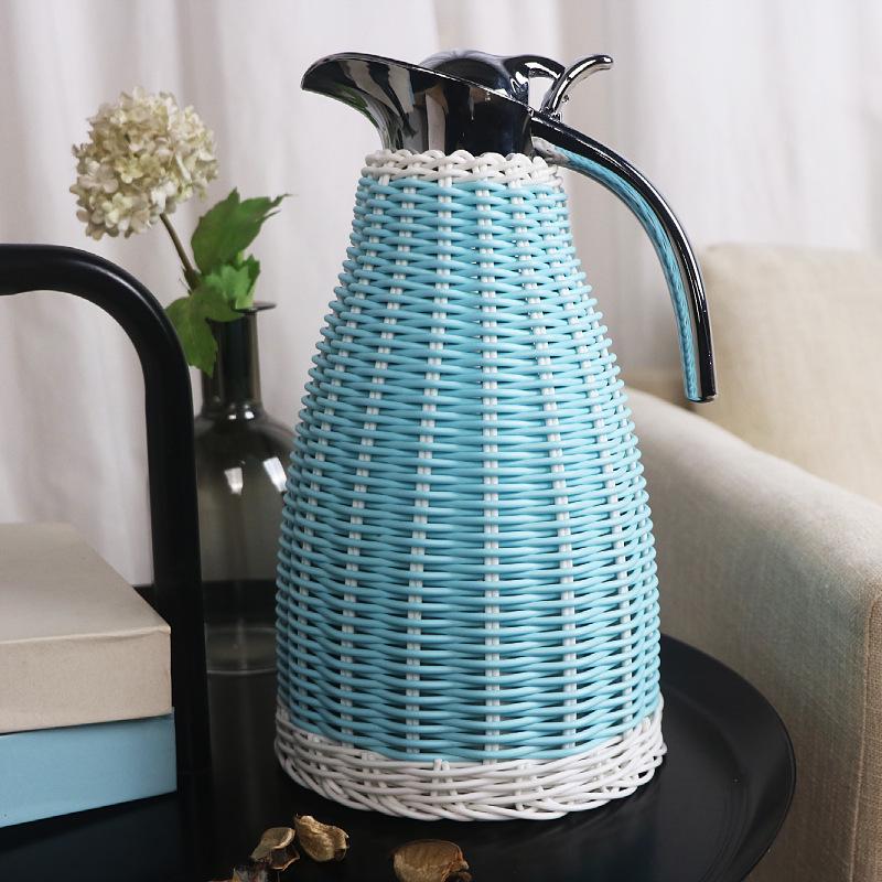 European Style Rattan Woven Stainless Steel Insulated Coffee and Hot Water Thermos Pot