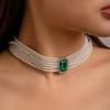 French Retro Style Multi-Layer Pearl Collar Necklace, Temperament Square Gemstone Choker Necklace.