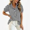Women Ruffle V Neck Striped Print Blouse Short Sleeve Button Down Relaxed Fit Casual Top for Daily Wear