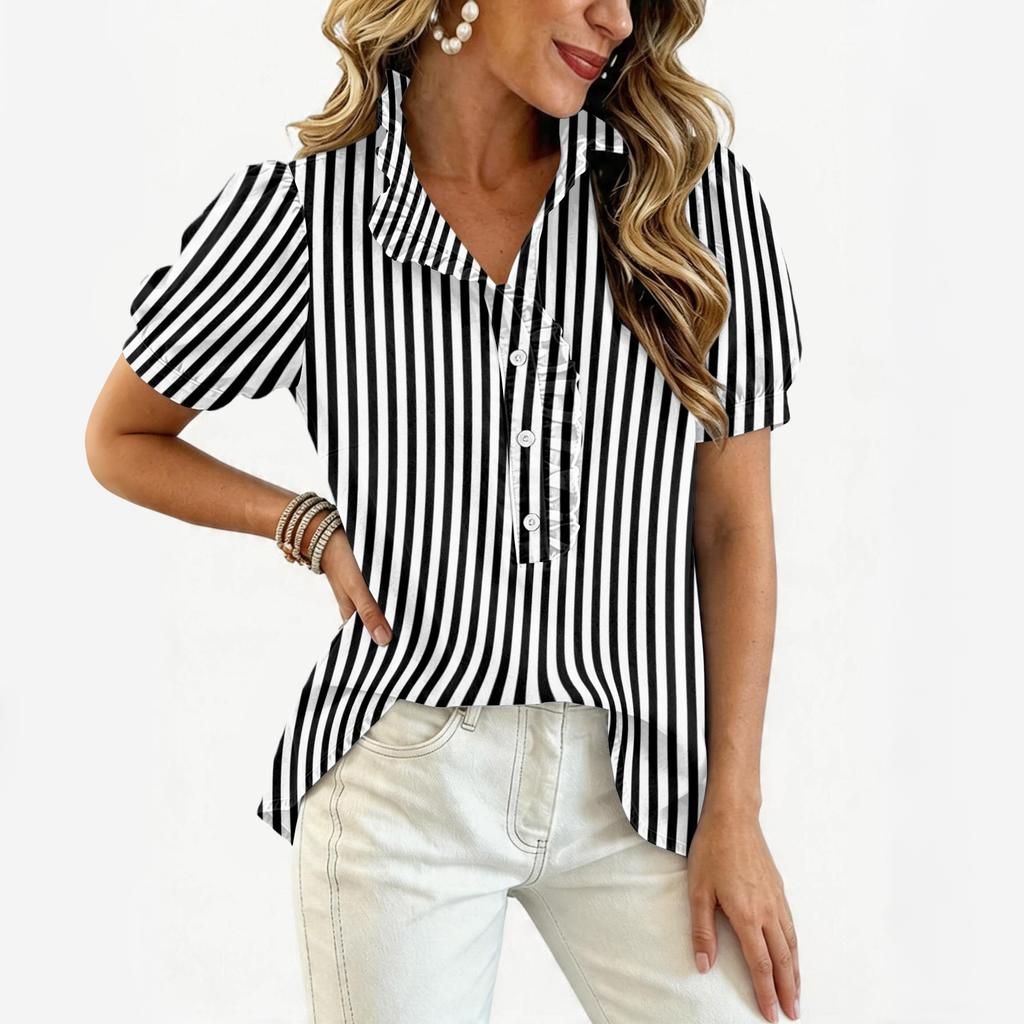 Women Ruffle V Neck Striped Print Blouse Short Sleeve Button Down Relaxed Fit Casual Top for Daily Wear