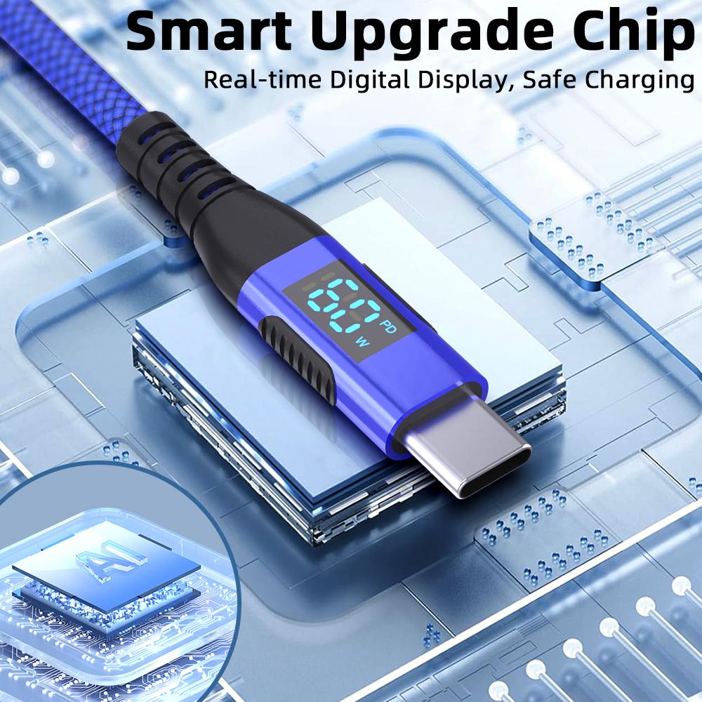 1m USB-C To USB-C Cable Digital Display 3A/20V 60W Fast Charging Braided Data Cord for Smartphones Tablets