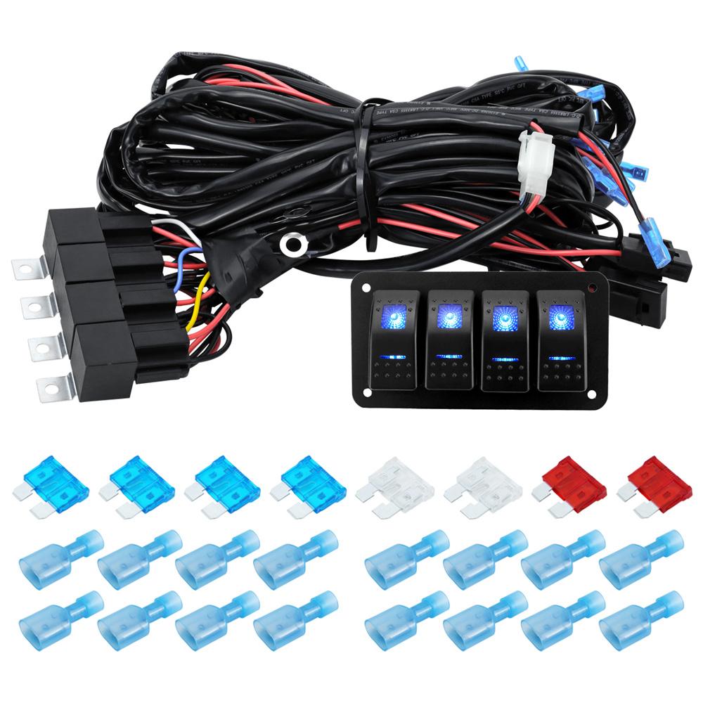 12V 16AWG 4-Gang LED Light Bar Wiring Harness Kit 720W Relay Fuse