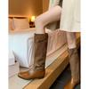 Leather Maillard Tall Knight Boots Women's Sweet and Cool Splicing Boots 2025 Autumn and Winter Retro Round Head Flat Boots