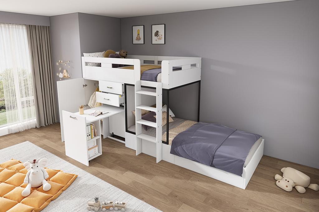 Bunk Bed with Pull-Out Desk and Wardrobe, with Drawer & Shelves & Ladder, without Mattress, 90*200 cm, White (OLD SKU:3233289012AAW-1)