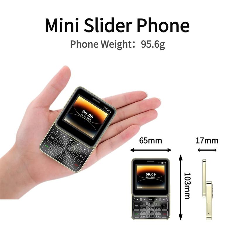 Nový vysouvací mini mobilní telefon i19 Pro čtvercový 2,4palcový Dual SIM 2G GSM Bluetooth FM Fotoaparát Odemčený Malý mobilní telefon
