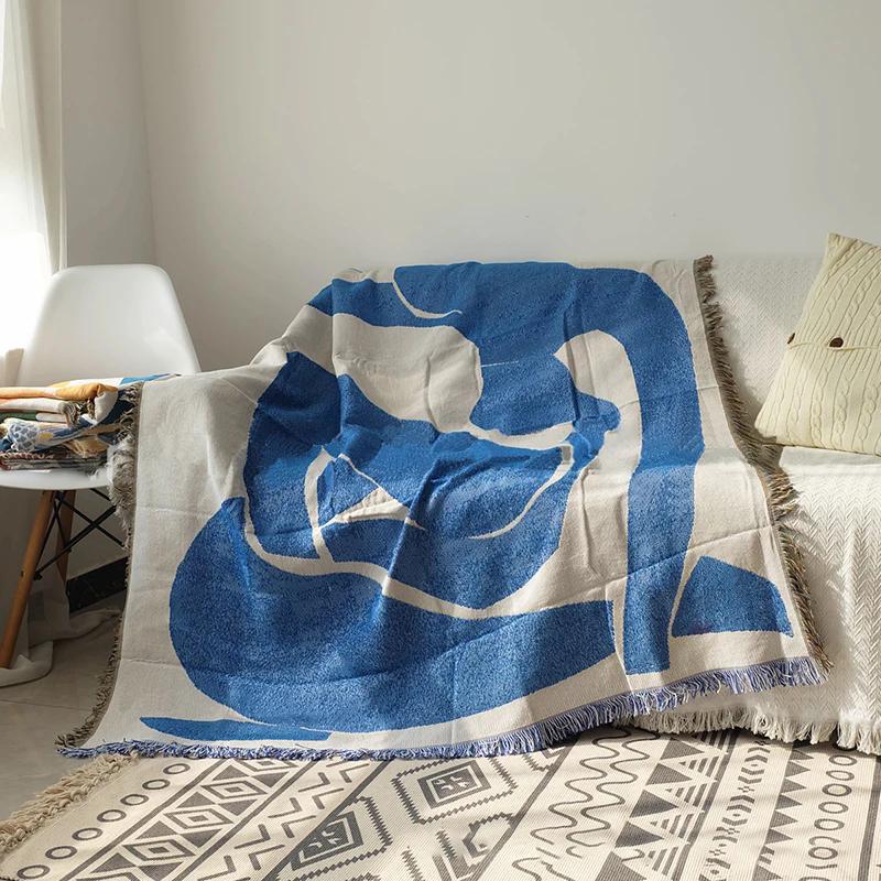 Coperta da divano casual con nappe Tappeto Decorazione Blu Letto Divano Tappetino per il tempo libero Arazzo Coperta per divano Appeso a parete Stanza Decorazione per la casa