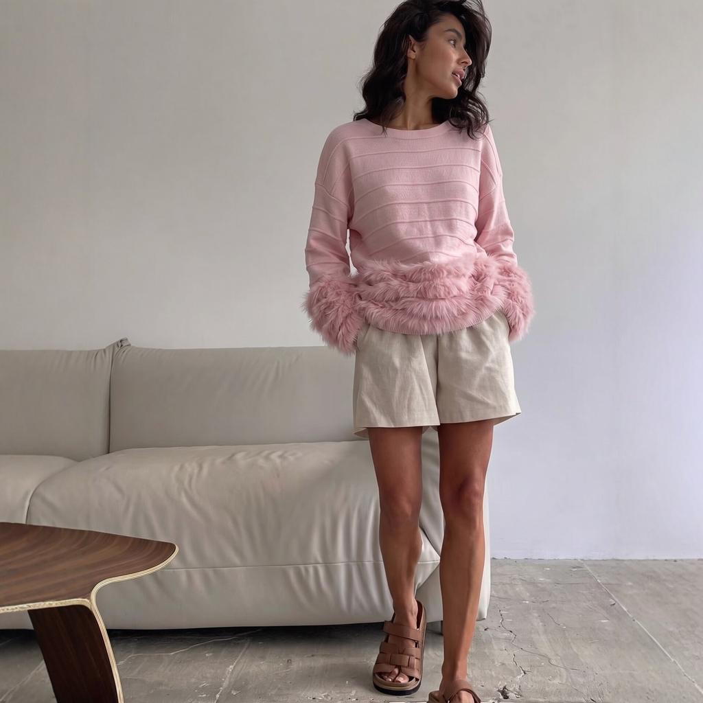2026 autumn and winter new European and American ins romantic Su splicing crew neck sweater women's lazy wind striped knitted top