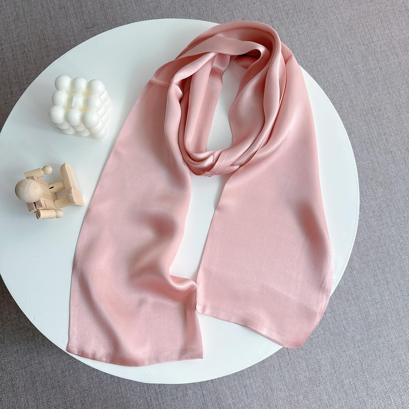 

Pink Satin 100% Mulberry Silk Solid Color Long Scarf 150x16cm Thin Narrow Double-Layered Smooth High-End Tie Ribbon Neckband