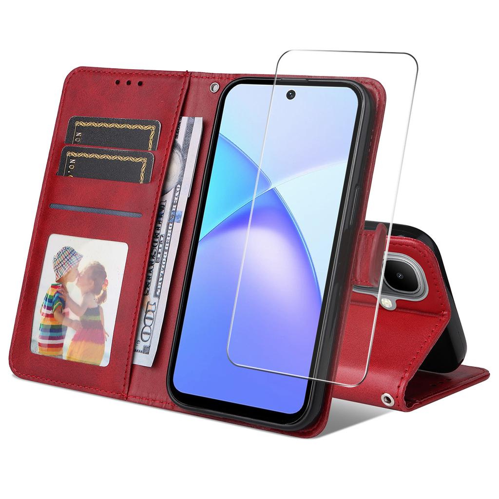 For TECNO Pop 10/Infinix Smart 10 PU Leather Wallet Case Phone Stand Cover with Tempered Glass