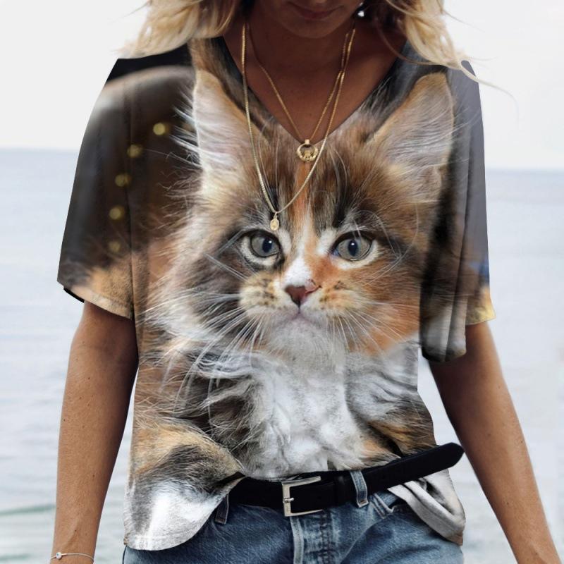 Ladies' T-shirt Cute Kitten Digital Printed Casual V-neck Short Sleeved Clothing Loose Top Shirt