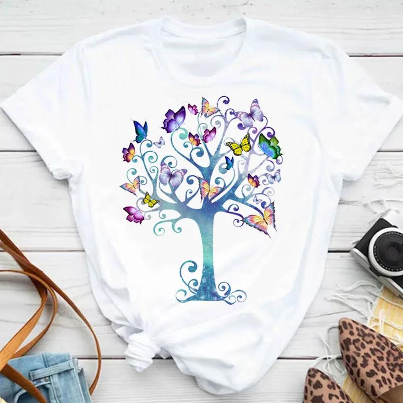 Unisexs Colorful Butterfly Petal Print Tshirt Short Sleeve Round Neck Cute Graphic Tee Shirts Female Tops Clothes