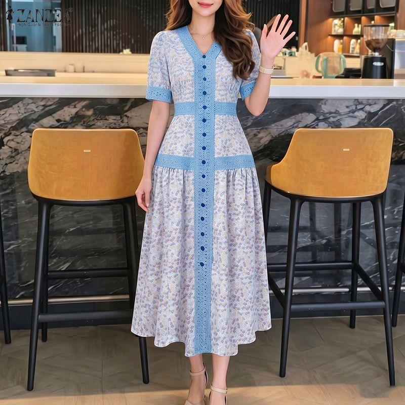 ZANZEA Women Elegant Floral Print Casual V-Neck Lace Splice Summer Short Sleeve Dress M синий