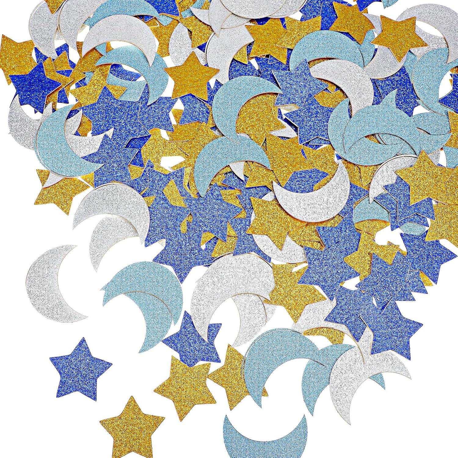 400Pcs Navy Blue Moon and Stars Decor Confetti, Double Moon and Stars Table Decor for Wedding, Birthday, Party(Blue, Silver, Yellow)