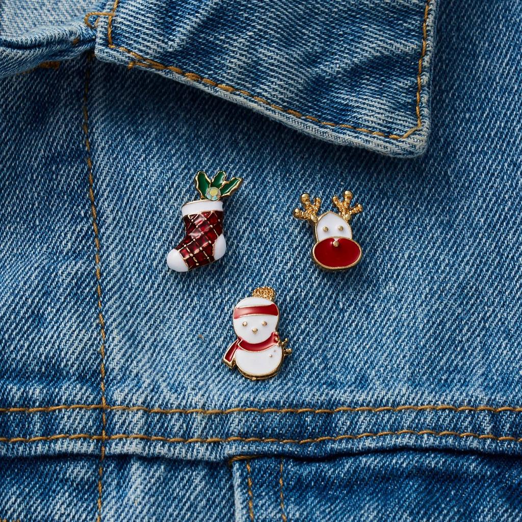 Christmas Brooch Pins Set Bell Snowflake Gift Box Snowman Deer Sock Crutch Tree Santa Claus Enamel Badge Jewelry For Women Men