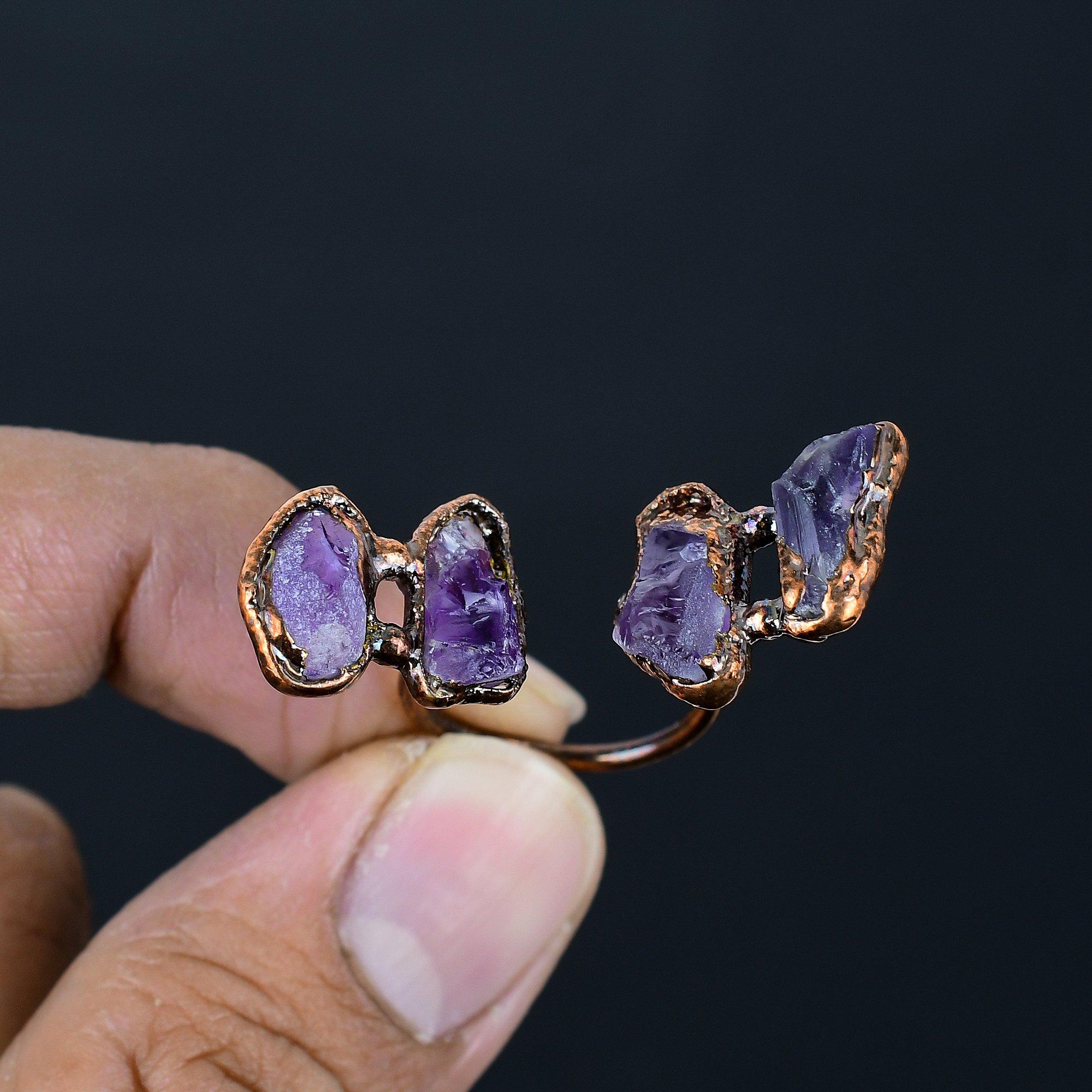 

Аметистовое кольцо из натурального камня ручной работы, Медное гальваноформированное кольцо, Антикварное украшение, Регулируемое кольцо Подарок на помолвку