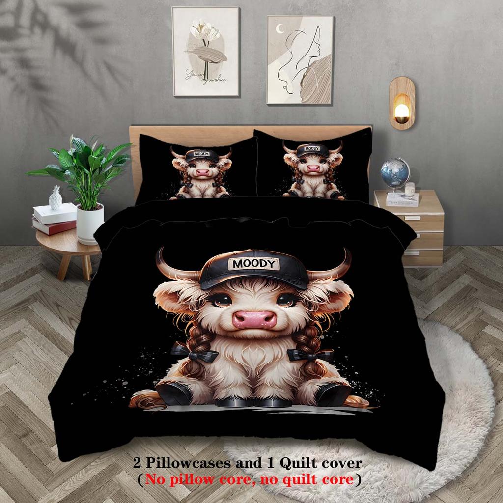 Three-piece set (1 duvet cover, 2 pillowcases, no core), cute cartoon cool highland cow element printed bedding, multiple sizes