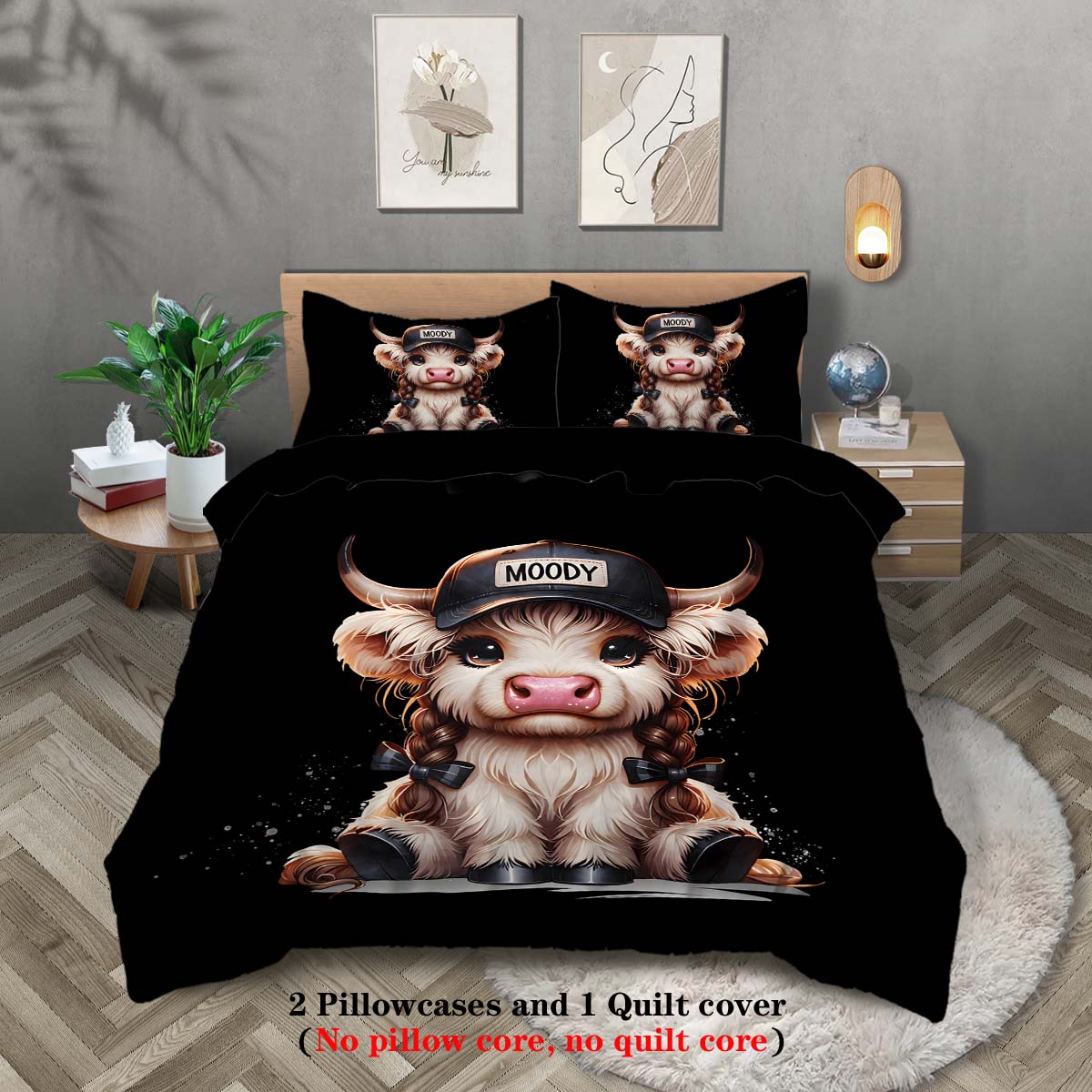 

Three-piece set (1 duvet cover, 2 pillowcases, no core), cute cartoon cool highland cow element printed bedding, multiple sizes 135x200cm-EU-Single