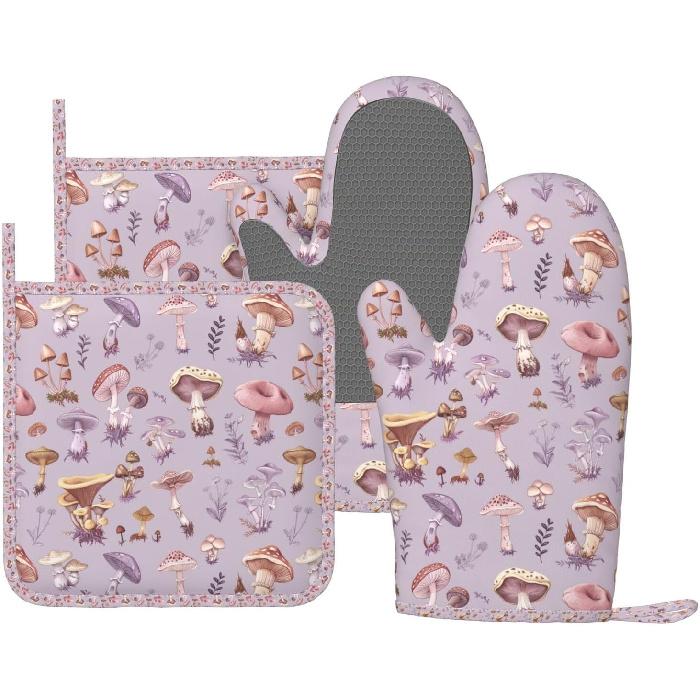 Oven Mitts Pot Holders Set Vintage Butterfly Moon Flower Silicone Kitchen Gloves Potholders Heat Resistant for Chef Baking Cooking Grilling BBQ 4