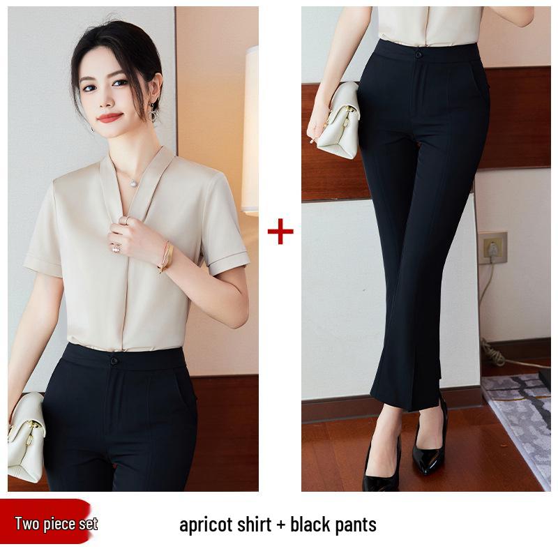 Dámská saténová halenka s krátkým rukávem a výstřihem do V: Pracovní košile odolná proti pomačkání, Slim Fit, Profesionální bílá, na léto