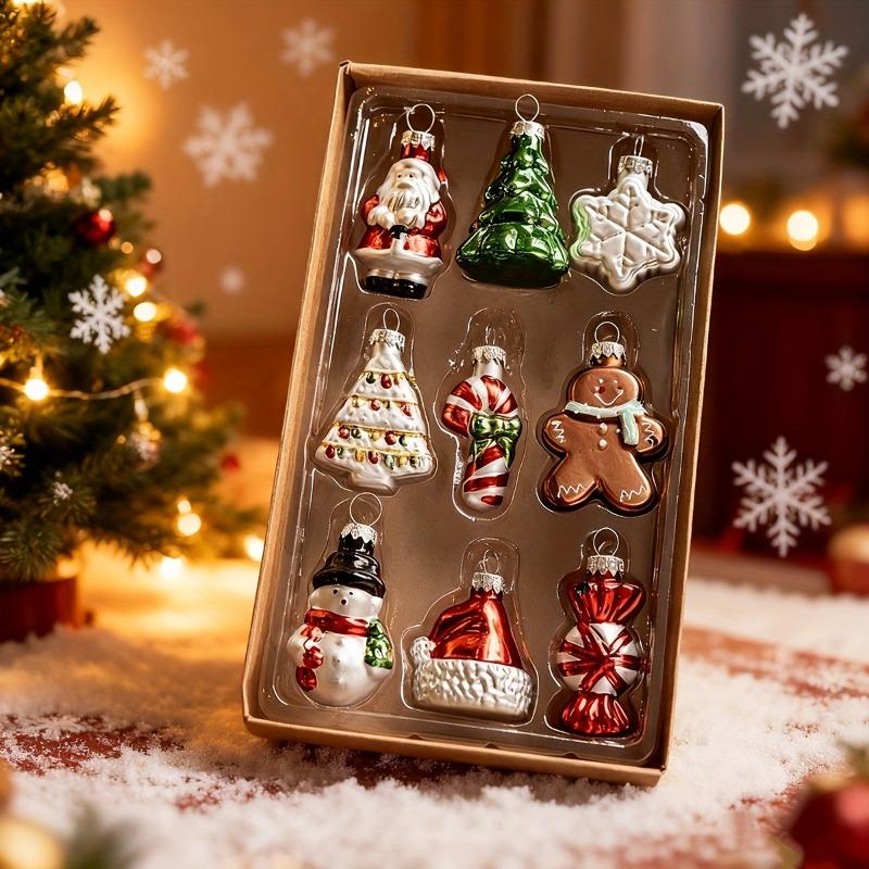 9pcs Glass Christmas Tree Hanging Decoration Creative Glass Snowman Snowflake Christmas Tree Santa Claus Candy Christmas Hat Set