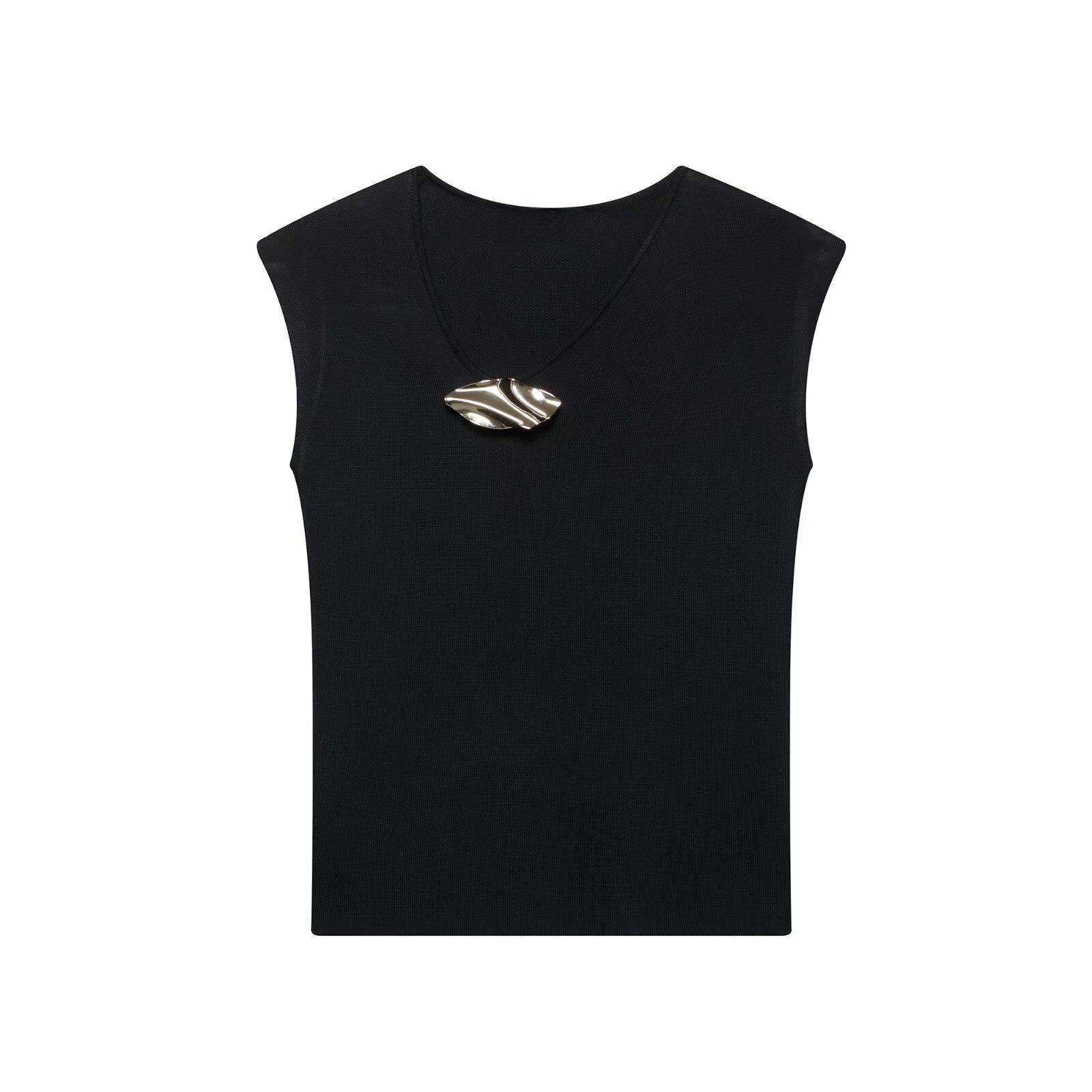 

Французский трикотажный топ без рукавов асимметричного кроя с золотой отделкой - Летняя коллекция 2025 Medium чёрный