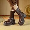 Womens Leather Ankle Boots Chunky Heel Platform Round Toe Biker Fall Winter