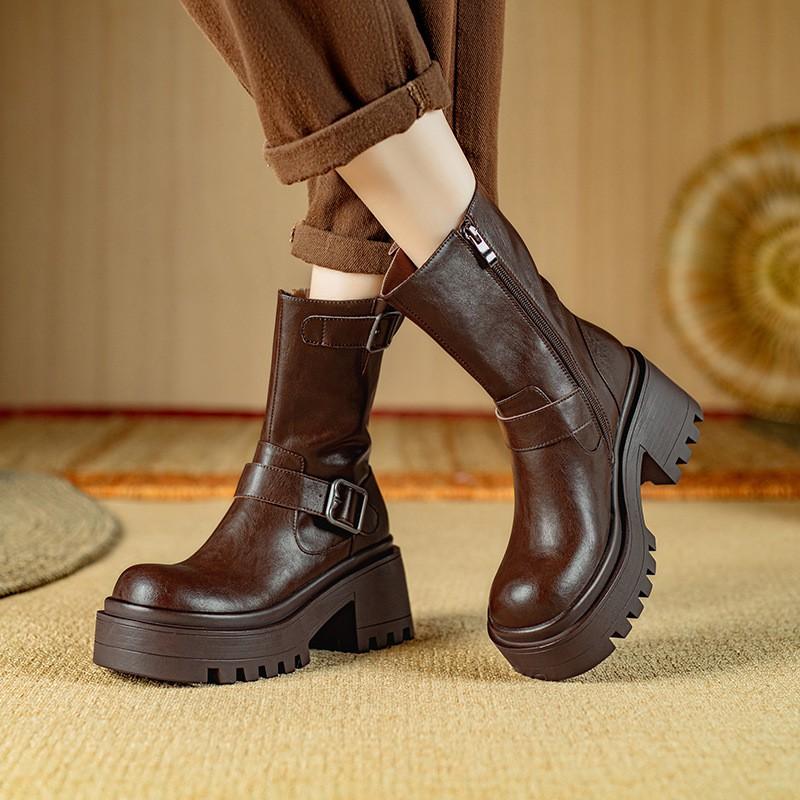 Womens Leather Ankle Boots Chunky Heel Platform Round Toe Biker Fall Winter