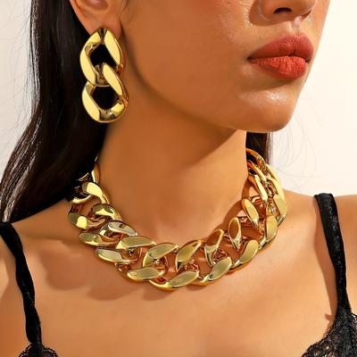 Gothic Punk Y2k Gold Plated Chain Necklace Metallic Exaggerated Earrings, Statement Hip Hop Women Jewellery