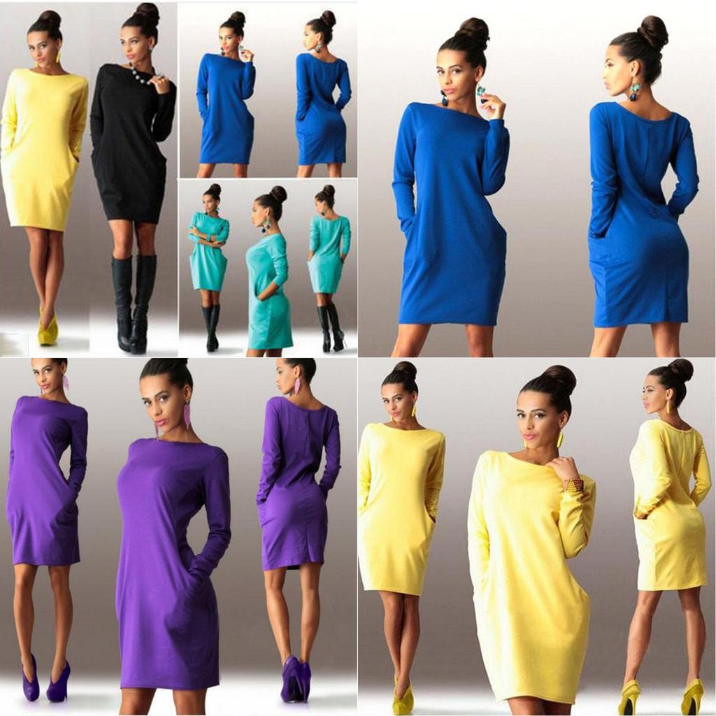 Elegant Summer Solid Casual O Neck Long Sleeve Bodycon Dress With Pockets