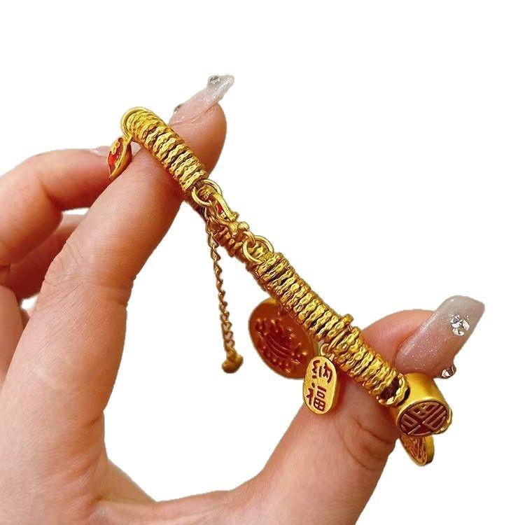 Ancient Sand Gold Enamel Yellow God Of Wealth, Entangled Bracelet, Five-Way God Of Wealth Small Fat Blessing National Style