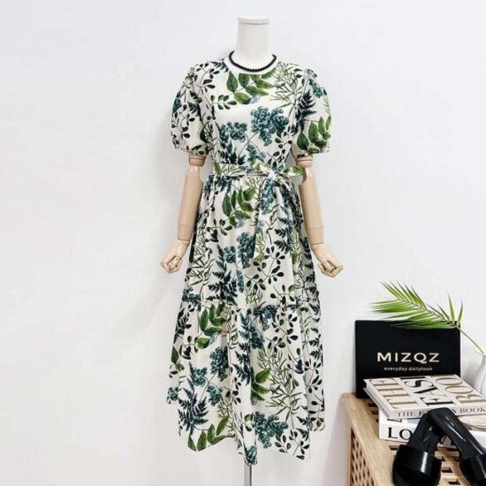 Mizqz Summer Refreshing Natural Leaf Waist Ribbon Dress