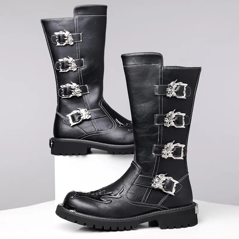 

Size 38-46 Autumn New Designer Leather Long Boots for Men Fashion Casual Black Big Head Work Knee High Boots Botas Para Hombre 38 чёрный