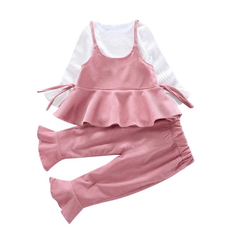 1-4 Years Kids Girls Spaghetti Strap Dress Set Long Sleeve Shirt Pants and Dress 3pcs