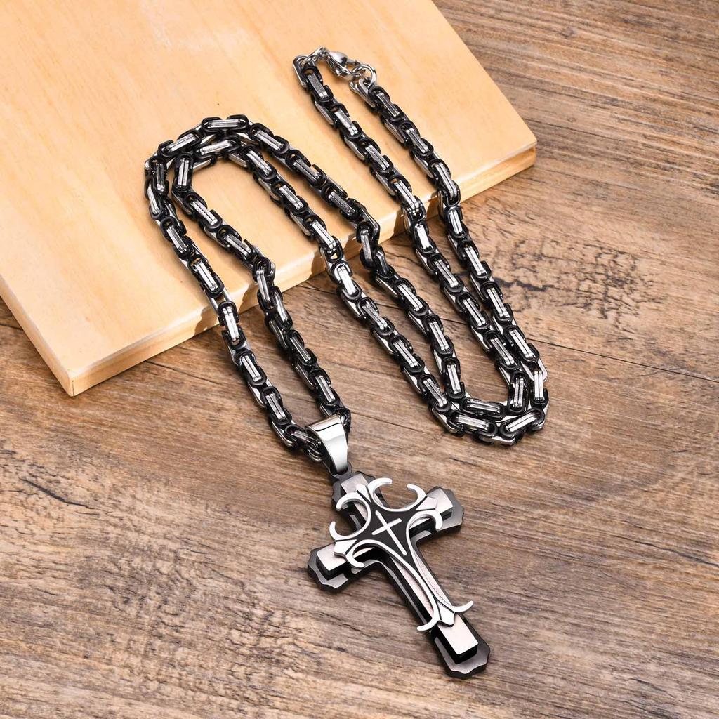 Vnox męski naszyjnik z krzyżem z 4MM bizantyjskim łańcuszkiem, Punk Rock katolicki krucyfiks ze stali nierdzewnej wisiorek biżuteria religijna