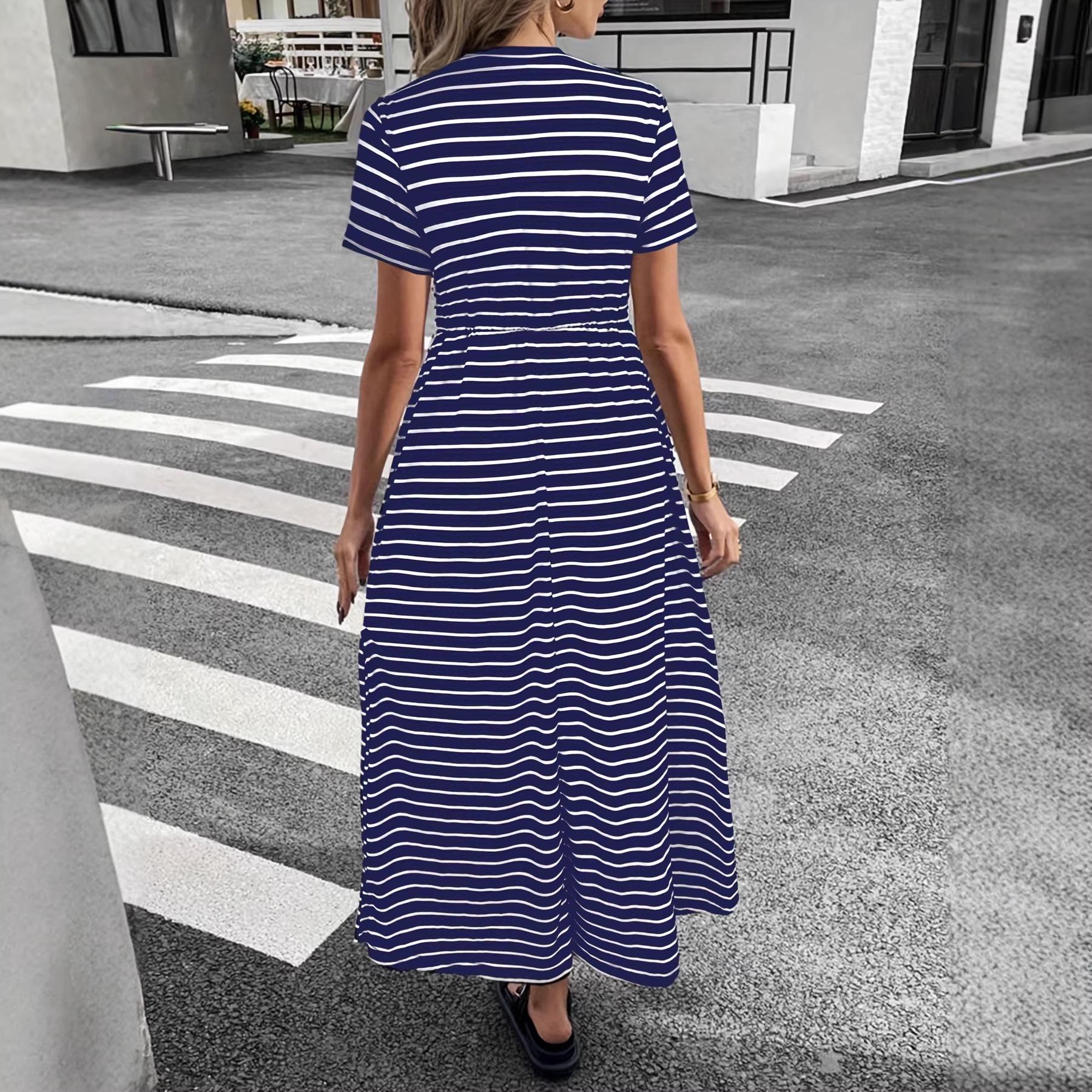 

2026 Spring/Summer Striped Plus Size Women s Dress – Round Neck, Waist Tie, Stretchy, Loose Fit, Casual and Comfortable. XL темно-синий